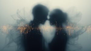 Abstract conceptual art showing two human silhouettes in close proximity, connected by subtle energy waves that pulse and fad