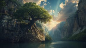 A breathtaking 16 9 landscape showing a majestic ancient tree growing out of a steep cliff. The roots are perfectly integrated into the rock showing power without struggle. A calm river flows effo 2