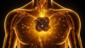 A conceptual 3D render of a human silhouette made of glowing gold liquid.