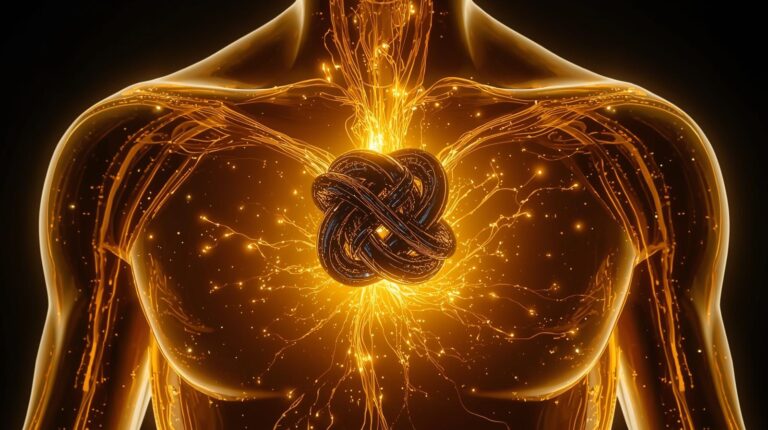 A conceptual 3D render of a human silhouette made of glowing gold liquid.
