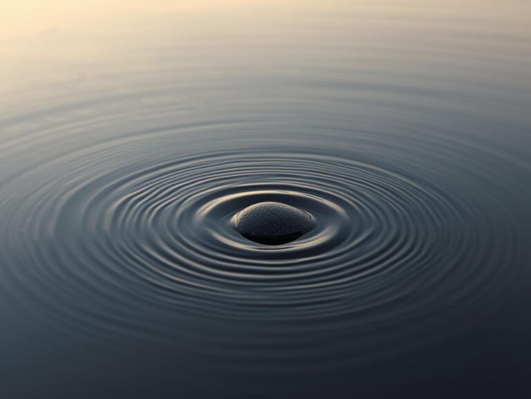 A serene natural scene with still water reflecting the sky, a single stone creating gentle ripples that slowly expand outward