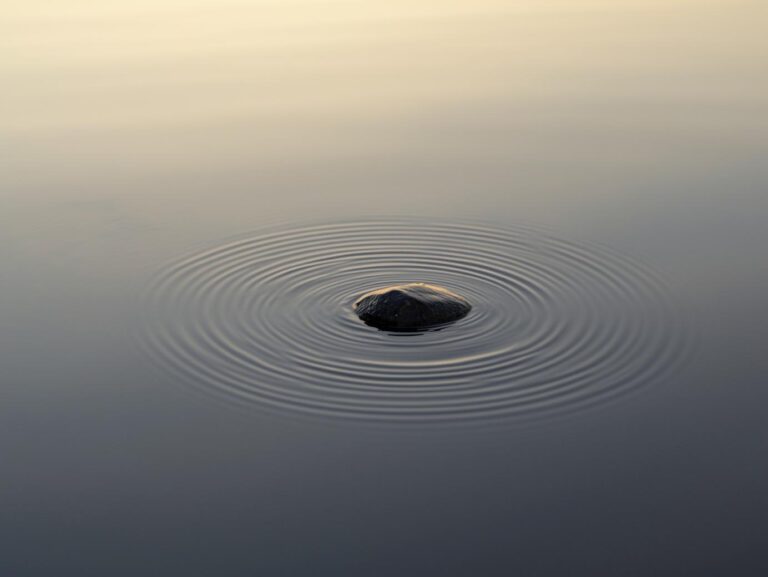 A serene natural scene with still water reflecting the sky a single stone creating gentle ripples that slowly expand outward. Golden hour lighting soft and warm. The image conveys patience organi 1