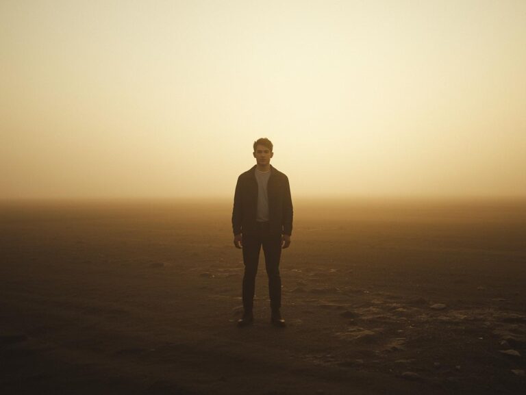 Cinematic photograph of a person standing still in an open landscape at dawn, not moving forward but simply present.