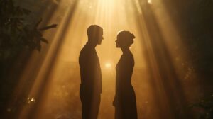 Cinematic photograph of two human silhouettes facing each other in soft natural light a subtle energetic field connecting them at heart level. 2