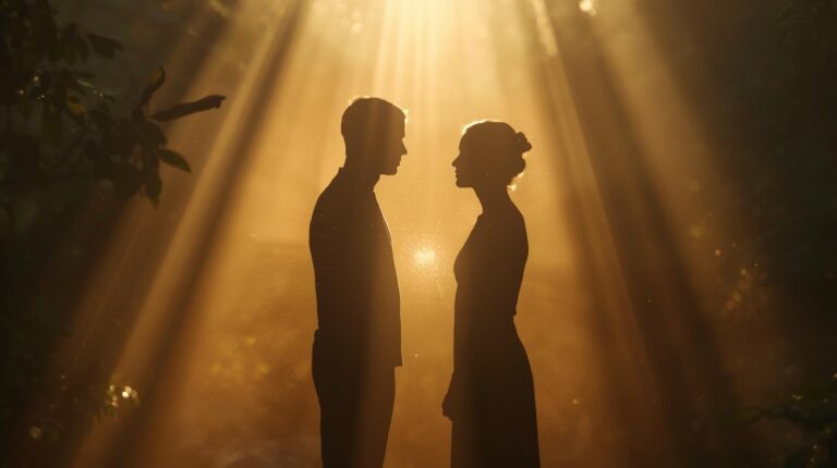 Cinematic photograph of two human silhouettes facing each other in soft natural light a subtle energetic field connecting them at heart level. 2