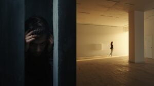 Split composition photograph_ Left side shows a person compressed, tense, surrounded by dark (2)