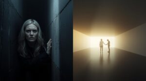 Split composition photograph_ Left side shows a person compressed, tense, surrounded by dark