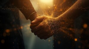 A close-up of a couple holding hands, but their hands are dissolving into glowing particles and neural fibers
