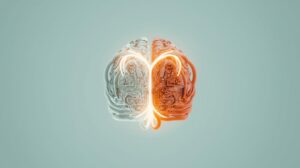 A conceptual 3D render of a human brain intertwined with a glowing heart