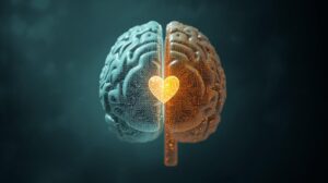 A conceptual 3D render of a human brain intertwined with a glowing heart shape. The style is clean