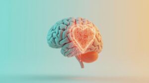 A conceptual 3D render of a human brain intertwined with a glowing heart shape. The style is clean and medical-tech,