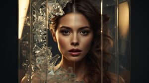 A high-quality cinematic shot of a woman breaking out of a translucent, geometric glass cage.