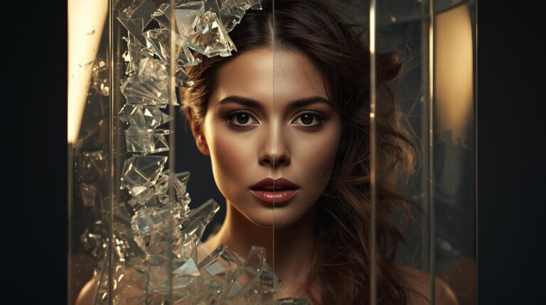 A high-quality cinematic shot of a woman breaking out of a translucent, geometric glass cage.