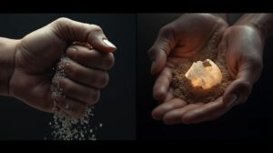 A hyper-realistic close-up of a hand trying to squeeze sand, but the sand is flowing out between
