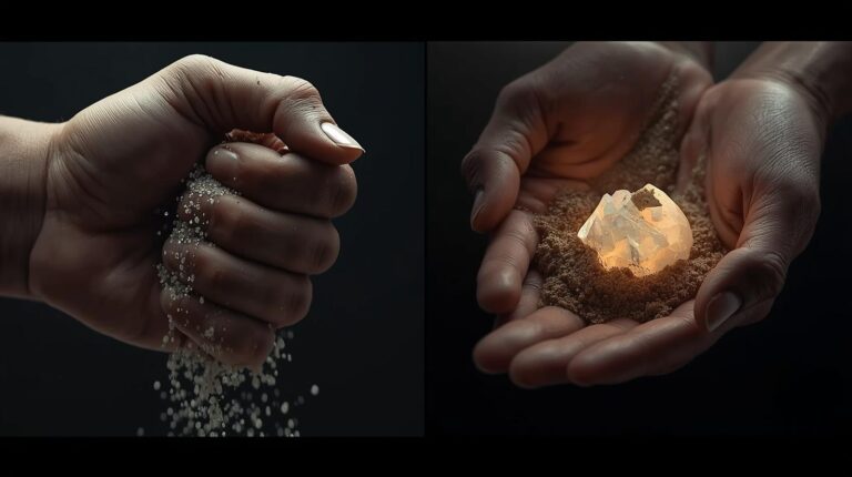 A hyper-realistic close-up of a hand trying to squeeze sand, but the sand is flowing out between