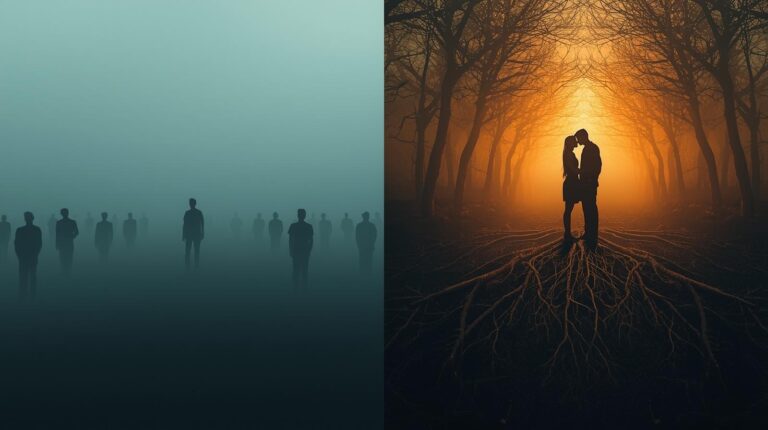 A split-screen composition_ Left side shows a single person standing _at a distance in
