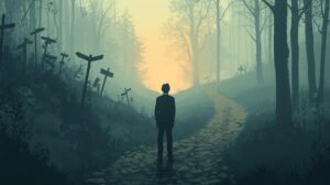 Cinematic illustration of a man standing an einer Weggabelung i