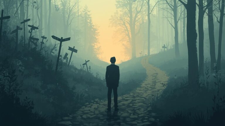 Cinematic illustration of a man standing an einer Weggabelung i
