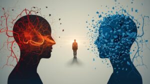 Conceptual image showing two human silhouettes facing each other but not as male female archetypes as nervous system states