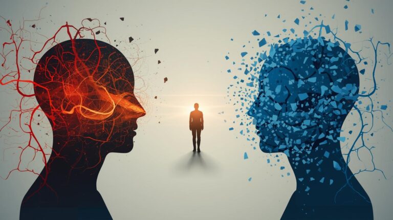 Conceptual image showing two human silhouettes facing each other but not as male female archetypes as nervous system states