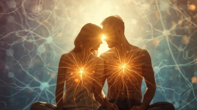 Eine ruhige Frau und ein Mann sitzen sich nah gegenüber, sanfte goldene Lichtstrahlen verbinden i