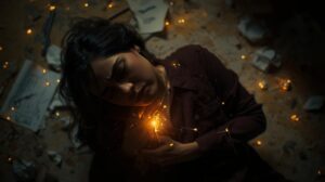 Cinematic, deeply compassionate portrait of european woman