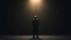 Cinematic portrait of a calm, grounded man standing in a dimly lit open space,