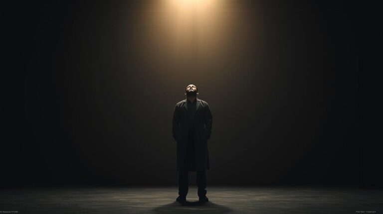 Cinematic portrait of a calm, grounded man standing in a dimly lit open space,