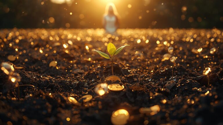 Eine metaphorische, hochsymbolische Szene in goldenem Abendlicht_