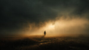 Cinematic-wide-shot-lone-person-standing-in-a-mist