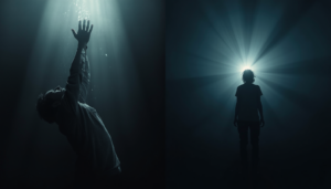 Two contrasting visual metaphors side by side left side calm