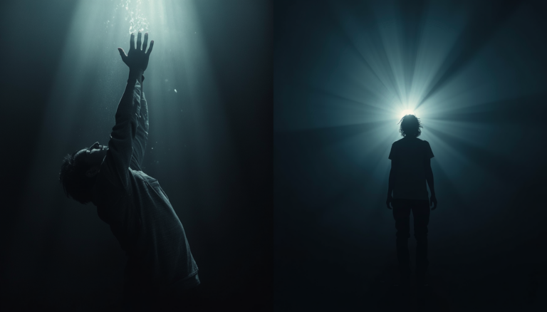 Two contrasting visual metaphors side by side left side calm