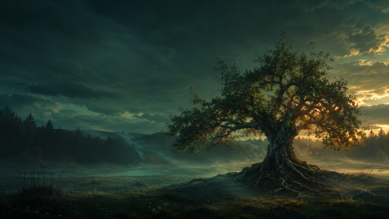Ein einzelner Apfelbaum in weiter Wiese bei Abenddämmerung – Baum-Metapher zum Essay „Der Baum zählt keine Äpfel"