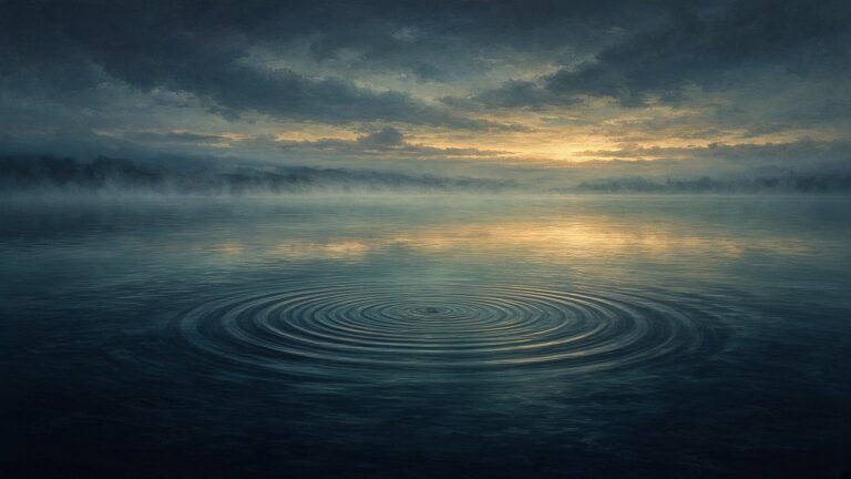Ruhige Wasserfläche mit sanften Ringen bei Morgendämmerung, Nebel am Horizont, goldenes Licht durchbricht die Wolken – Bild zum Essay „Glück ist kein verlässlicher Maßstab"