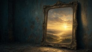 Prunkvoller ornamentierter Spiegel-Rahmen an einer verwitterten teal-blauen Wand, doch statt einer Reflexion zeigt der Spiegel eine offene Landschaft mit warmem Sonnenaufgang über Hügeln und Nebel – Bild zum Essay „Du bist nicht mein Spiegel"