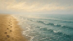 Fußspuren im nassen Sand am Meer, die sanft in Richtung der Wellen führen und dort langsam vom Wasser gelöst werden, weiches diesiges Licht am Horizont – Bild zum Essay „Ich muss keinen Sinn hinterlassen"