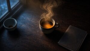 Dampfende Tasse Kaffee neben einer leeren zweiten Tasse und einem geschlossenen Notizbuch im Halbdunkel am Fenster – Bild zum Essay „5 Uhr morgens, Kaffee im Halbdunkel"