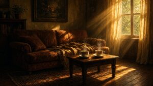 Warmes Wohnzimmer im Nachmittagslicht, zwei dampfende Tassen auf dem Beistelltisch vor dem Sofa, weiche Decke, goldenes Licht durch das Fenster – Bild zum Essay „Ich wollte nicht weg"